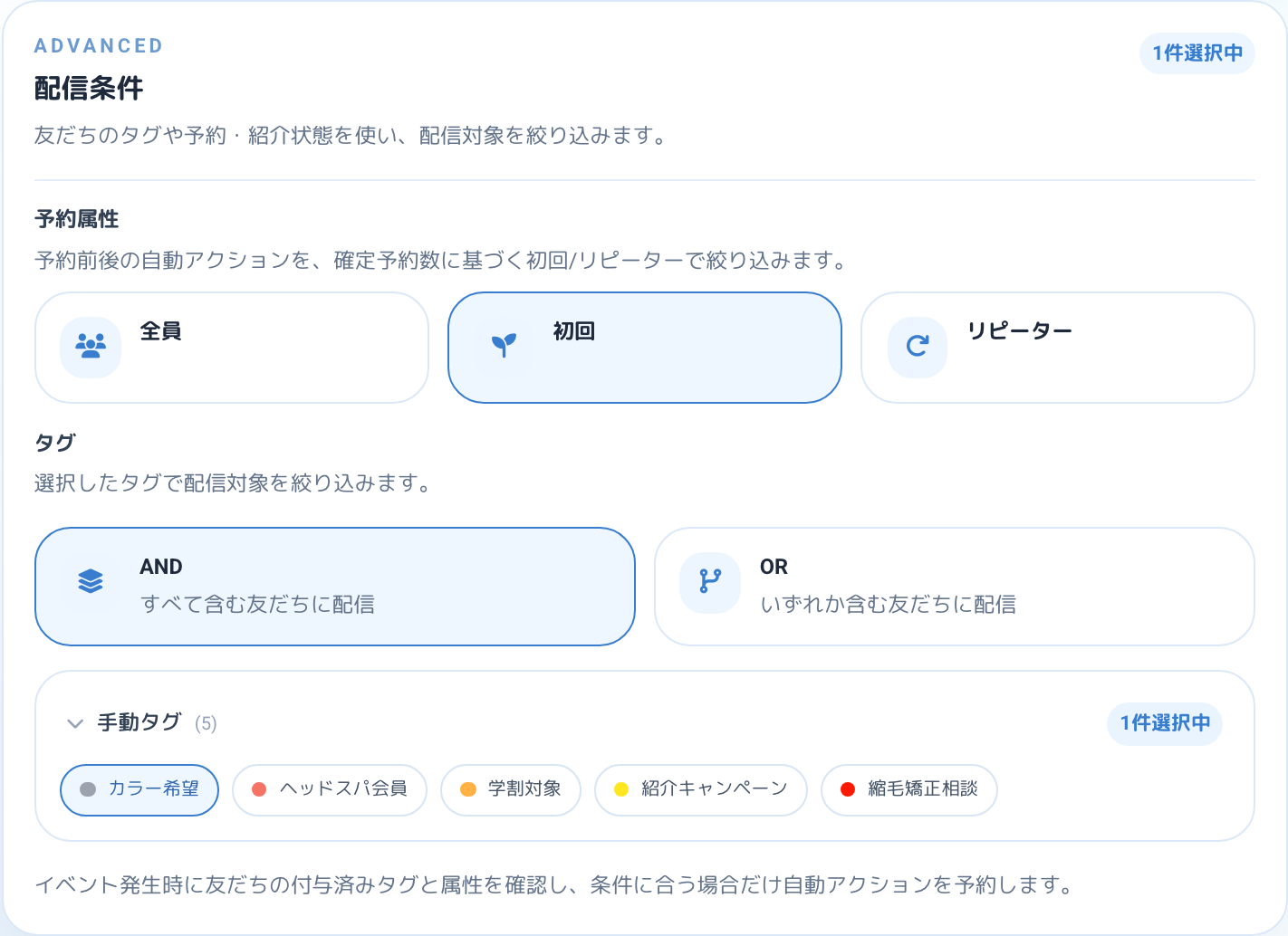予約タイプでは初回・リピーターで配信対象を絞り込める画面
